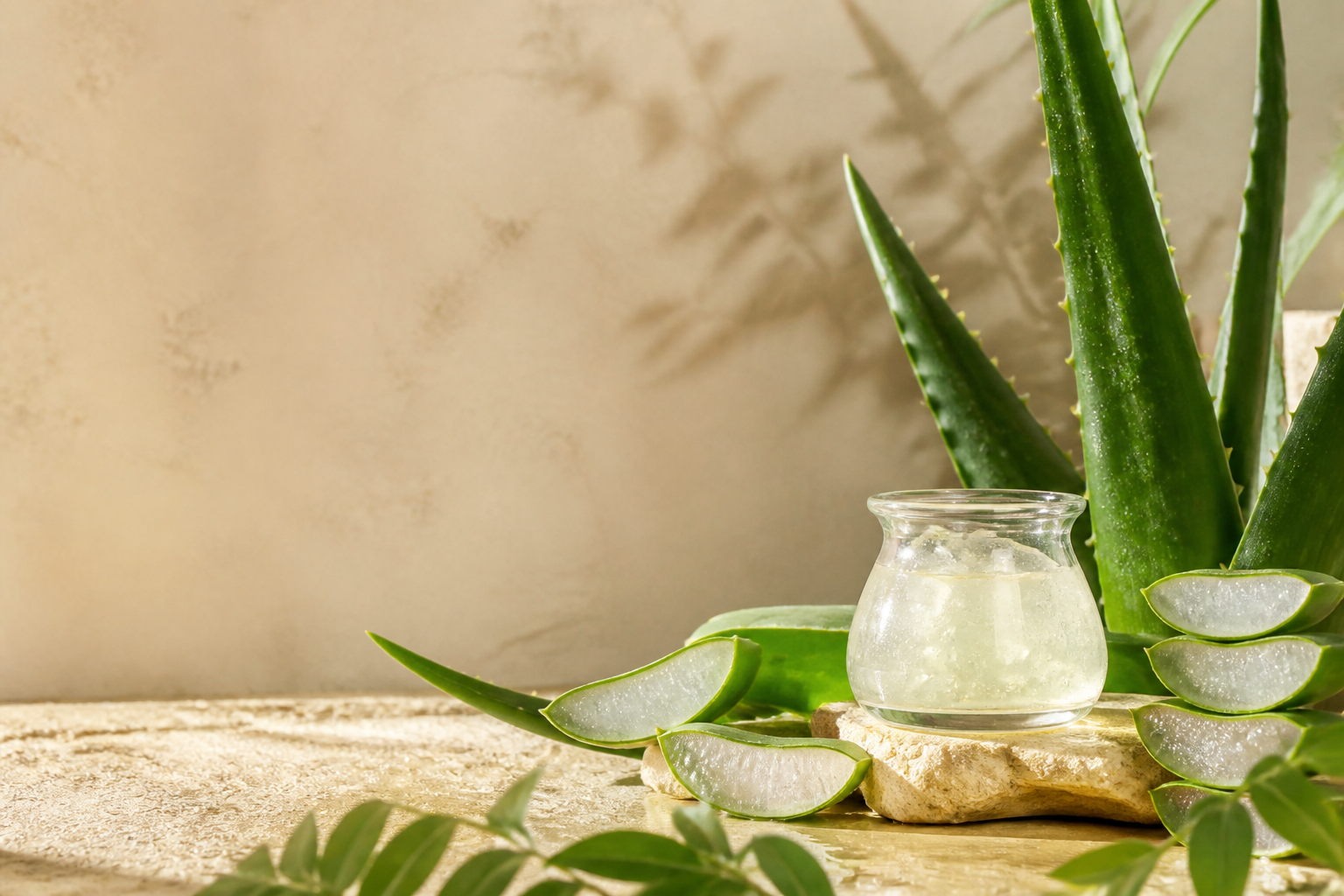 Lá lô hội tươi và gel lô hội trong bình thủy tinh trên nền màu cát
